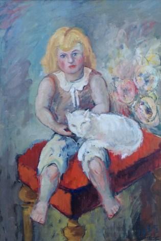 Image of &quot;Girl with Cat&quot; painting by artist Hans Burkhardt showing young yellow hair girl with a white cat on her lap, both sitting on a red stool..
