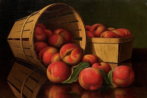 Image of Levi Wells Prentice's sold painting of a bushel basket on its side with peaches tumbling out and a smaller square basket filled with peaches.