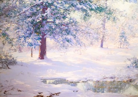 Image of sold Walter Launt Palmer oil painting of snow covered trees and a blanket of snow on the ground near a stream.