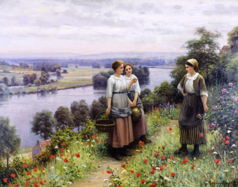 Image of sold painting by Daniel Ridgway Knight entitled &quot;Peasant Women on Garden Path&quot; showing three women in dresses and aprons talking to one another with baskets or flowers in their hands.