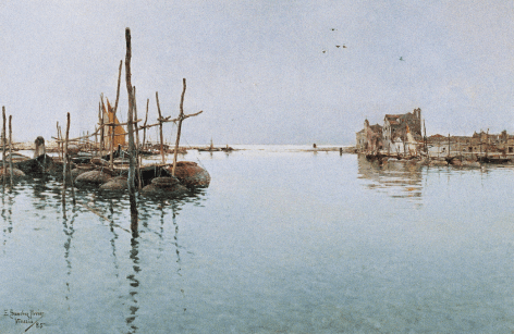 Image of sold oil painting of Venice harbor with fishing pots and boats by Emilio Sanchez-Perrier.
