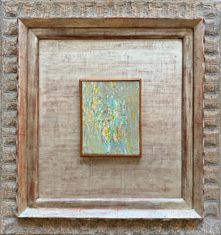 Image of frame view of untitled Shirley Goldfarb abstract painting in green, blues, red and yellow.