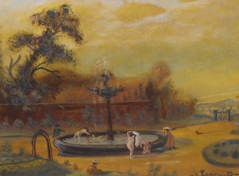 Image of sold painting by Louis Eilshemius showing several nude female bathers by a fountain.