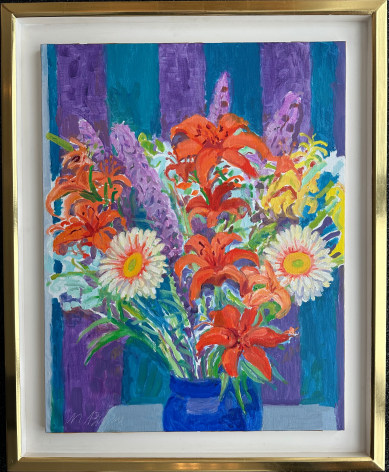 Image of frame on still life oil painting of a blue vase with orange lilies and blazing star flowers by Nell Blaine.