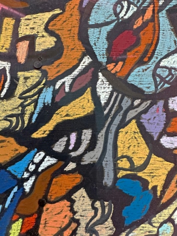 Image of detail of abstract pastel and acrylic painting &quot;Over Isfahan&quot; by Fred Martin, depicting many colored random shapes most of which are outlined in black.