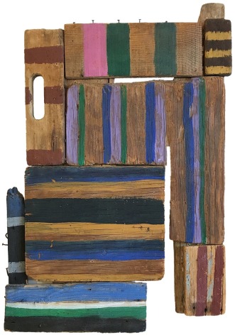 Image of sold painting by Betty Parsons entitled &quot;Far Away&quot; of stripes painted on found pieces of wood which are assembled together.