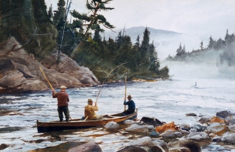 Image of sold watercolor by Ogden Pleissner showing three men in a canoe on a river, one of whom has a large fish hooked on his line.