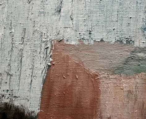 Closeup image of detail on abstract painting entitled Composition by Robert Colescott, in white, blue, black and brick.