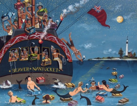 Image of sold painting by Ralph Cahoon entitled &quot;Boston Tea Party&quot; depicting a reenactment of the BTP with mermaids.