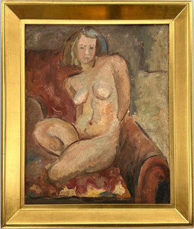 Image of frame view of Hans Burkhardt's 1930 nude portrait of his wife Louise, kneeling on a sofa.