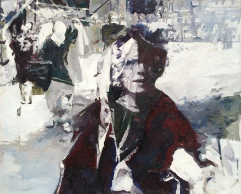 Image of sold oil painting by Balcomb Greene entitled &quot;Bois de Vincennes&quot; showing an abstract portrait in an open air market.