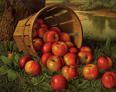 Image of Levi Wells Prenctice's sold painting showing a basket of apples tipped over and spilled out on a grassy slope.