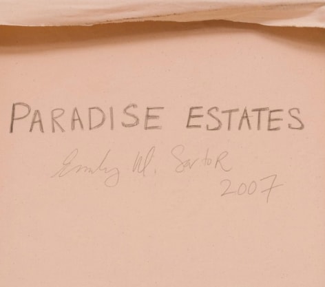 Image of verso inscription on Paradise Estates oil painting by Emily Sartor.