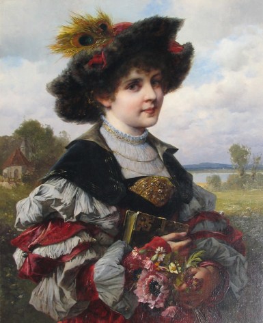Image of Ferdinand Wagner II's oil painting of a girl in an elegant dress and hat holding a bouquet of flowers and a book.