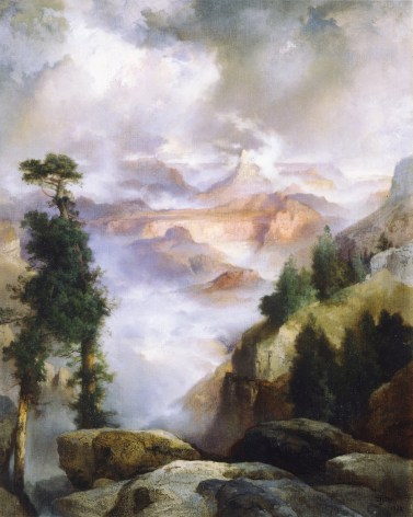 Image of sold oil painting by Thomas Moran clouded mountains and trees after a storm had passed.