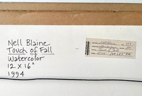 Image of artist's inscription and Fishbach label verso on Touch of Fall watercolor painting.