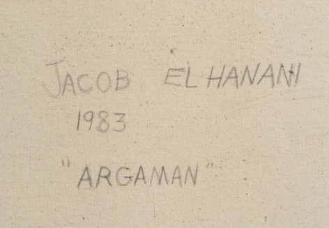 Image of verso signature, date and title of &quot;Argaman&quot; painting by Jacob El Hanani.