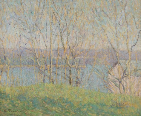 Image of Allen Tucker's sold painting depicting a cabin by the lake in the springtime.
