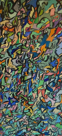 Image of untitled (MaFr007) painting by Fred Martin in pastel and acrylic of greens, blues, oranges with many shapes outlined in black.
