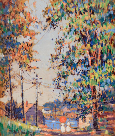 Image of Ruth Anderson's sold oil painting entitled &quot;Gloucester&quot; showing two women in white walking down a country road with trees and telephone poles on either side, toward a harbor.
