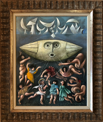 Image of wooden frame of &quot;Lords of the Sky&quot; painting by Julio De Diego.