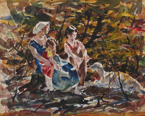 Image of John Costigan watercolor entitled &quot;Mother and Children&quot; showing a woman with two children and a goat in a woodland scene.