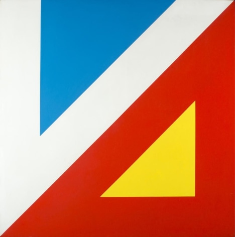 Image of sold untitled geometric triangle oil painting by Onni Saari in red, yellow, blue and white.