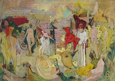 Image of surrealist oil painting entitled &quot;Ancient Revel&quot; by Wesley Lea, depicting animals, multiple nude figures and one robed figure.