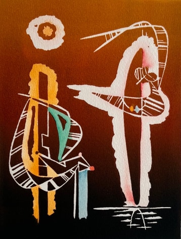 Image of abstract untitled (009)1975 lithograph by Hans Burkhardt in browns, oranges, pink, blue and light green.