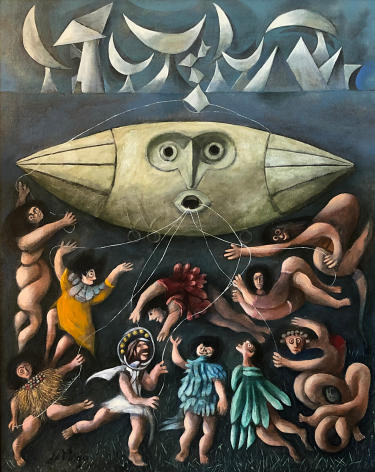 Image of &quot;Lords of the Sky&quot; painting by artist Julio De Diego showing a blimp with a face on it tethered by lines to humanoid abstract figures, some of which are dressed, while others are not.