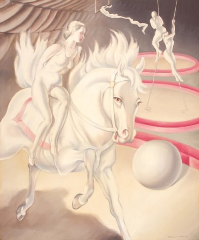 Image of &quot;Circus Scene&quot; painting by Clarence Holbrook Carter featuring a female stunt rider on a white horse in the foreground of the painting and four acrobats in the background all depicted in tones of whites and grey colors with pink accents.
