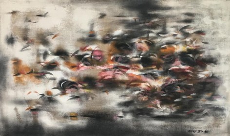 Image of sold abstract painting by Norman Lewis entitled &quot;Autumn Flight&quot; showing bird-like shapes in grays, golden browns and pinks.