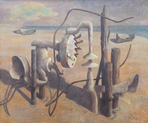 &quot;Aged Form&quot; oil painting by artist John Atherton depicting a magic realist beach scene with some old beached boats in the background and an odd unknown structure made of wood and metal in the foreground. .