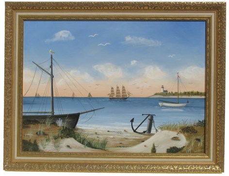 Image of gold painted frame of Quiet Bay with Boats painting by Martha Cahoon.