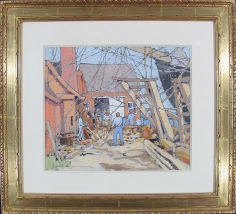 Image of gold painted frame of &quot;At the Dry Dock, Gloucester, MA&quot; painting by Eleanor Parke Custis.