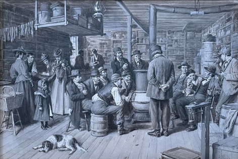 Image of &quot;The Country Store as a Social Centre&quot; painting by artist A.B. Frost depicting a scene inside an old fashioned store with a group of men circled around a pot belly stove and various shoppers looking at goods to purchase, there is a spaniel dog asleep on the floor in the foreground.