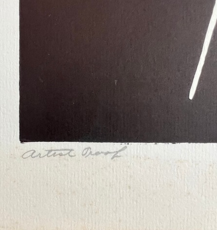 Image of edition on untitled 1972 abstract lithograph by Hans Burkhardt in white, black and browns.