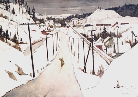 Image of sold oil painting by Paul Sample entitled &quot;The Return&quot; showing a soldier walking down a wintery town road with a duffle bag on one shoulder.