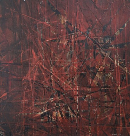 Image of Jimmy Ernst's abstract modernist Untitled 1963 oil painting in reds.