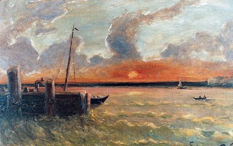 Image of sold painting by Louis Elishemius entitled &quot;Old Ship Pier&quot; showing a figure bending over on a pier with a deep orange sunset.