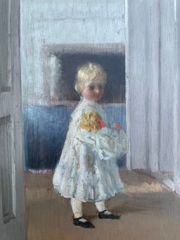 Closeup image detail of &quot;Girl with Doll&quot; painting by William Wallace Gilchrist showing a young blond haired girl in a white dress and wearing black shoes, holding a doll in her arms.