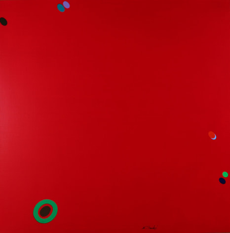 Image of untitled acrylic painting of red canvas with floating dots of various colors along the edges by Naohiko Inukai.