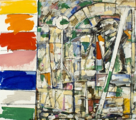 Image of oil painting by Robert Friemark entitled "Photography" showing an abstraction of many colors, with bold primary and secondary colors stacked on the left side of the canvas.