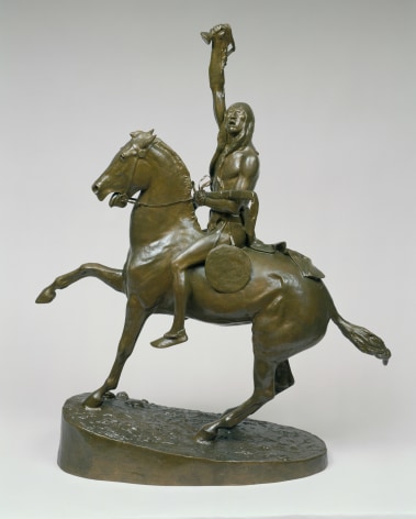 Image of Frederic Remington's sold sculpture &quot;The Scalp&quot; showing a native American astride a horse and holding a scalp up in the air.