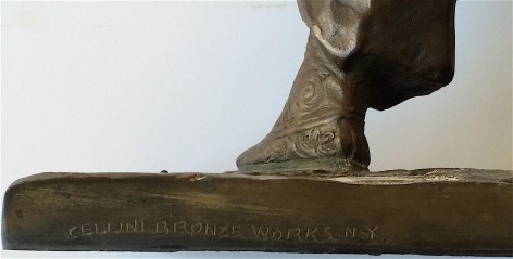 Image of Cellini Bronze Works foundry stamp on &quot;Mongolian Dancer&quot; sculpture by Malvina Hoffman.