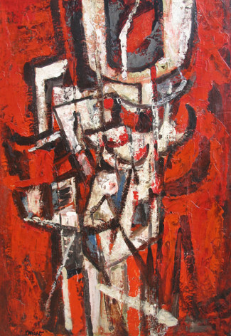 Image of sold painting by John Von Wicht entitled &quot;Abstract on Red&quot; in red, black, white and blue.