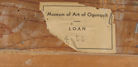 Image of Museum of Art of Ogunquit label verso fragment on Isabel Bishop's painting &quot;Interlude&quot;.