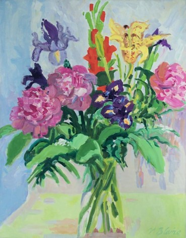 Image of Nell Blaine's oil painting showing a glass vase with a bouquet of peonies, iris, gladiolas, and Empire lily flowers.