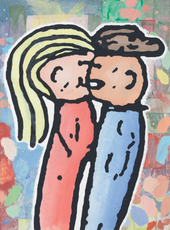 BRINTZ GALLERY, DONALD BAECHLER, The Kiss, 2017, Acrylic and fabric collage on canvas, 45 by 30 inches, Unique Art