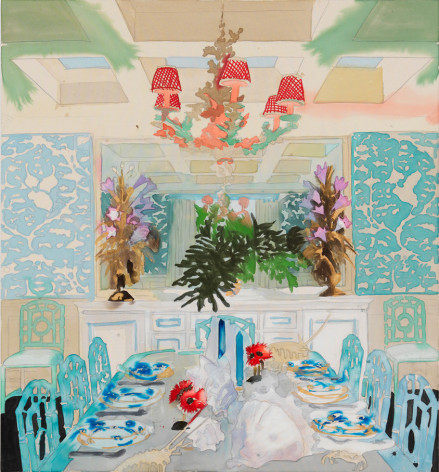 BRINTZ GALLERY, LIZ MARKUS, Celerie Dining Room, 2018, Acrylic and pencil on unprimed canvas, 60 by 55 inches, Unique Art